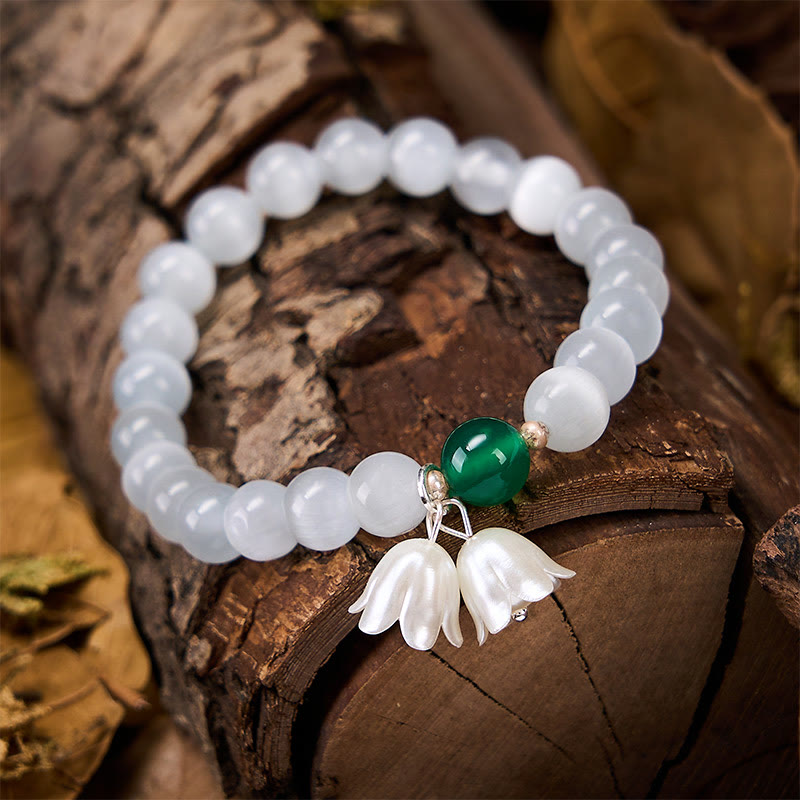 Buddha Stones 8mm White Cat's Eye Round Beads Lily of the Valley Flowers Positive Bracelet - image 4