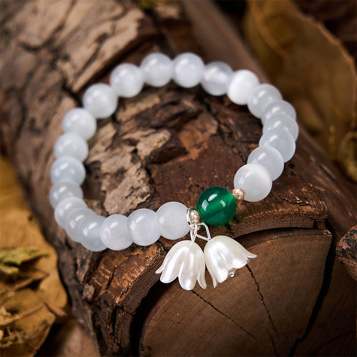 Buddha Stones 8mm White Cat's Eye Round Beads Lily of the Valley Flowers Positive Bracelet - image 4