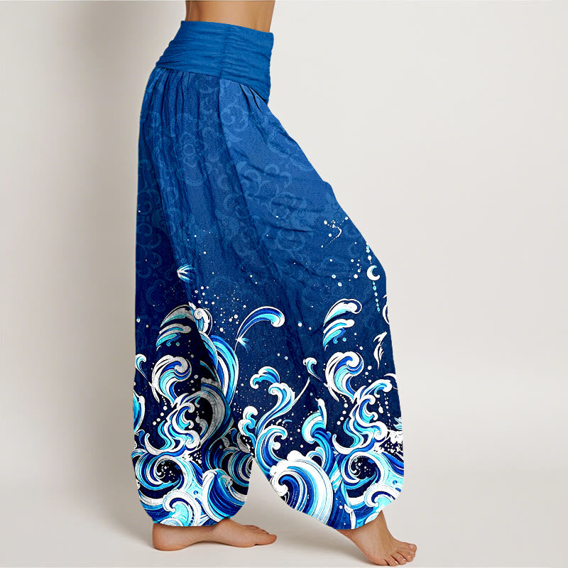 Buddha Stones Pure Cotton Ocean Wave Gradient Pattern Women's Elastic Waist Harem Pants - image 1