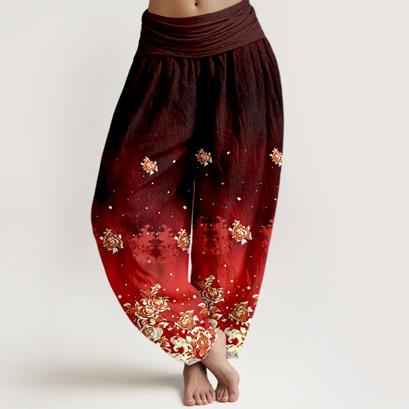 Buddha Stones Pure Cotton Vintage Rose Floral Pattern Women's Elastic Waist Harem Pants - Maroon - US16，UK/AU20，EU48 (3XL) - image 5