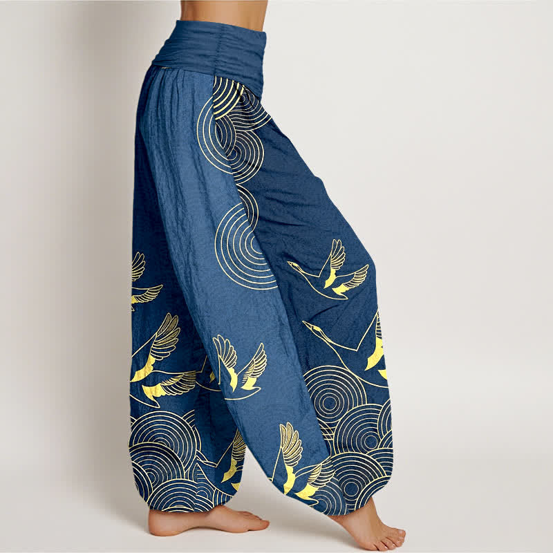 Buddha Stones Cotton Gold Bird Circle Pattern Women's Elastic Waist Harem Pants - image 2