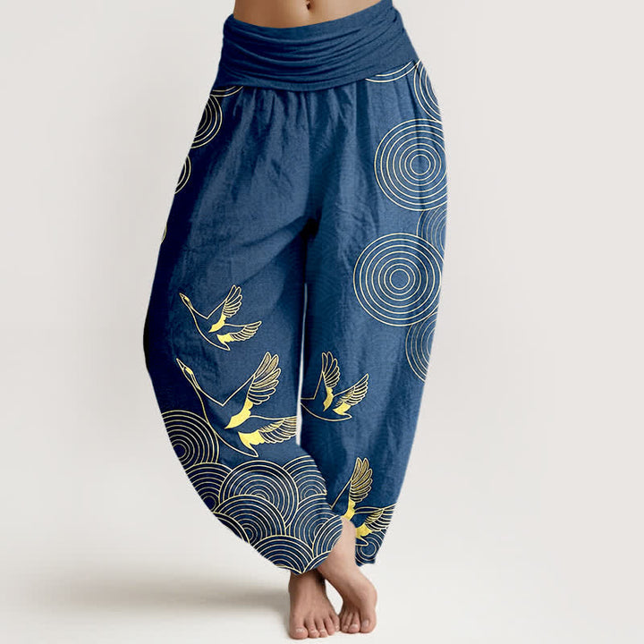 Buddha Stones Cotton Gold Bird Circle Pattern Women's Elastic Waist Harem Pants - SteelBlue - US16，UK/AU20，EU48 (3XL) - image 0