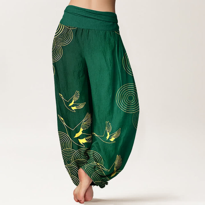 Buddha Stones Cotton Gold Bird Circle Pattern Women's Elastic Waist Harem Pants - image 6