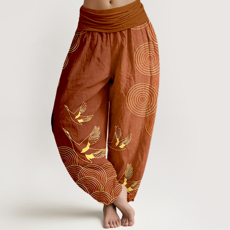 Buddha Stones Cotton Gold Bird Circle Pattern Women's Elastic Waist Harem Pants - Sienna - US16，UK/AU20，EU48 (3XL) - image 8
