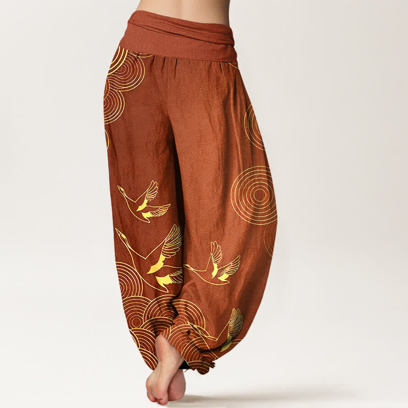 Buddha Stones Cotton Gold Bird Circle Pattern Women's Elastic Waist Harem Pants - image 9