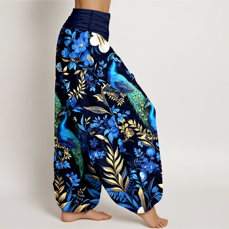 Buddha Stones Pure Cotton Teal Peacock Floral Pattern Women's Elastic Waist Harem Pants - image 2