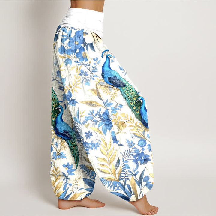 Buddha Stones Pure Cotton Teal Peacock Floral Pattern Women's Elastic Waist Harem Pants - image 7