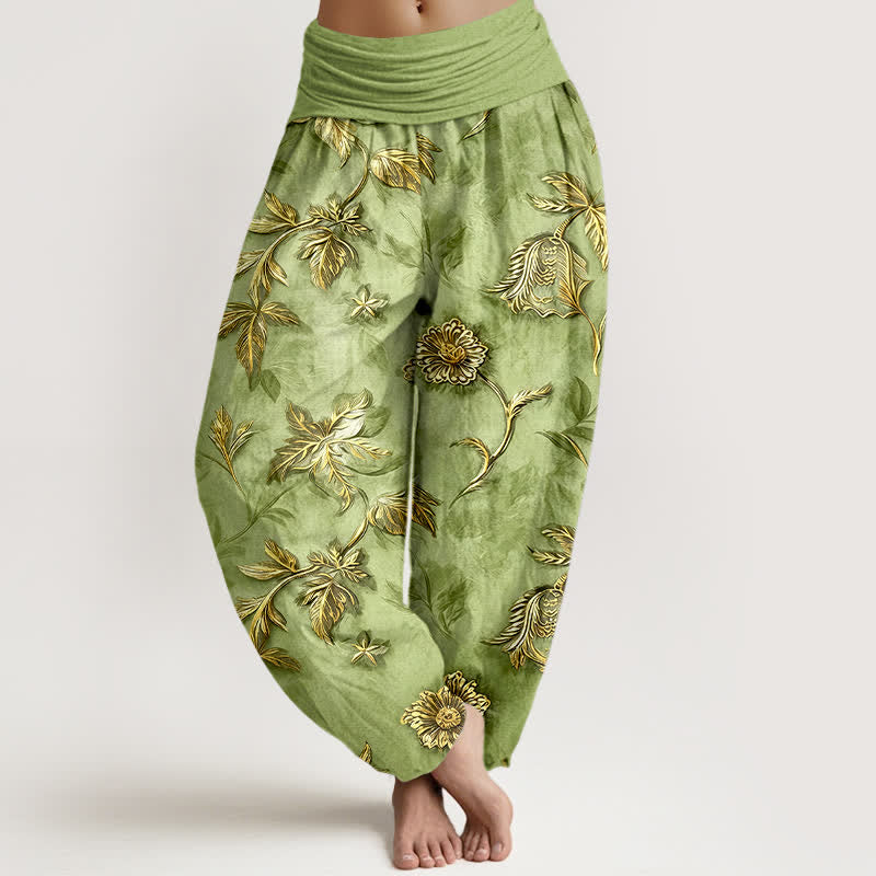Buddha Stones Cotton Botanical Leaf Pattern Women's Elastic Waist Harem Pants - LightGreen - US16，UK/AU20，EU48 (3XL) - image 0