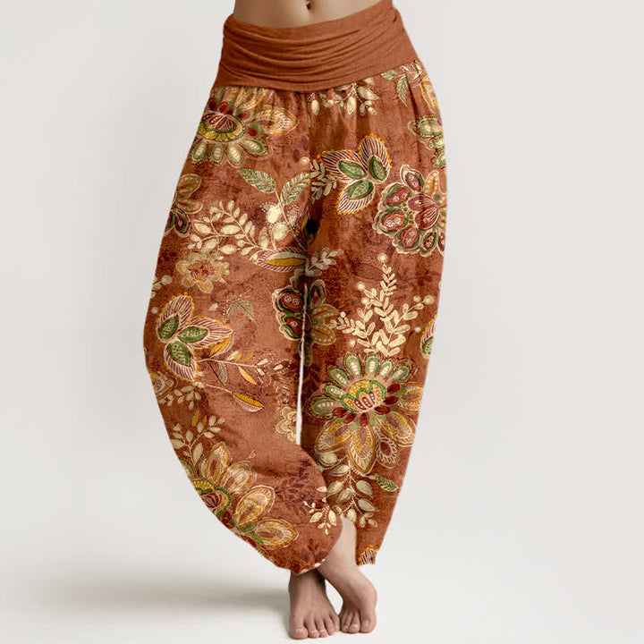 Buddha Stones Pure Cotton Bohemian Floral Leaf Pattern Women's Elastic Waist Harem Pants - Sienna - US16，UK/AU20，EU48 (3XL) - image 0