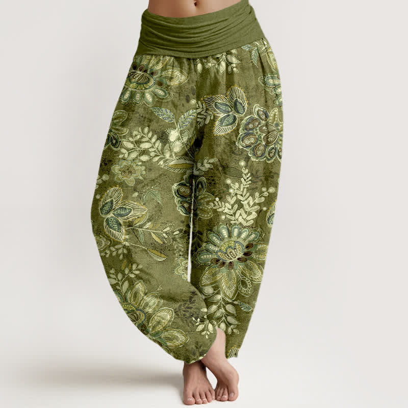 Buddha Stones Pure Cotton Bohemian Floral Leaf Pattern Women's Elastic Waist Harem Pants - OliveDrab - US16，UK/AU20，EU48 (3XL) - image 8