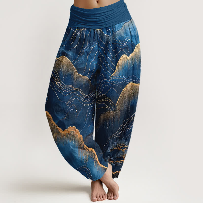 Buddha Stones Pure Cotton Midnight Mountain Gold Line Pattern Women's Elastic Waist Harem Pants - Navy - US16，UK/AU20，EU48 (3XL) - image 0
