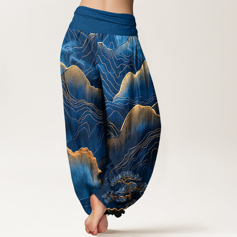 Buddha Stones Pure Cotton Midnight Mountain Gold Line Pattern Women's Elastic Waist Harem Pants - image 1
