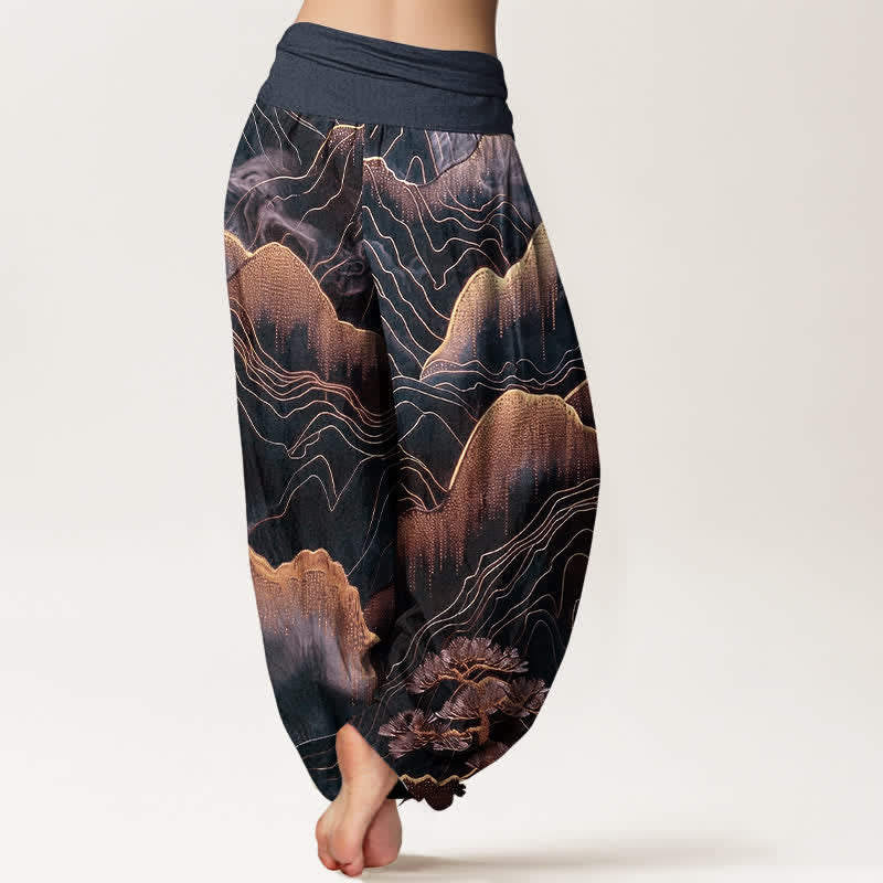 Buddha Stones Pure Cotton Midnight Mountain Gold Line Pattern Women's Elastic Waist Harem Pants - image 6