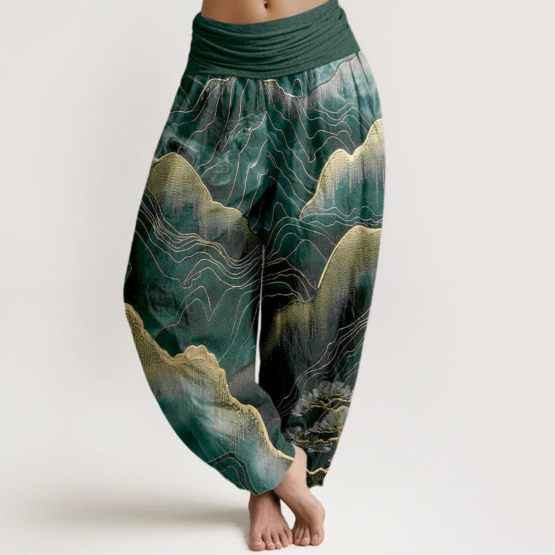 Buddha Stones Pure Cotton Midnight Mountain Gold Line Pattern Women's Elastic Waist Harem Pants - Teal - US16，UK/AU20，EU48 (3XL) - image 8