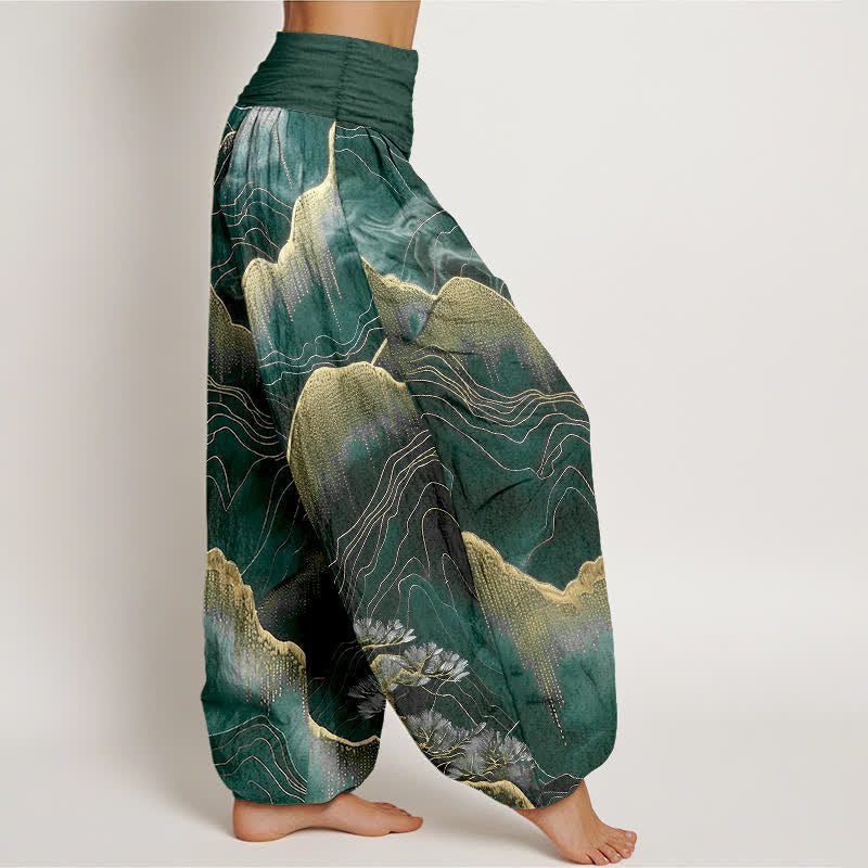 Buddha Stones Pure Cotton Midnight Mountain Gold Line Pattern Women's Elastic Waist Harem Pants - image 10