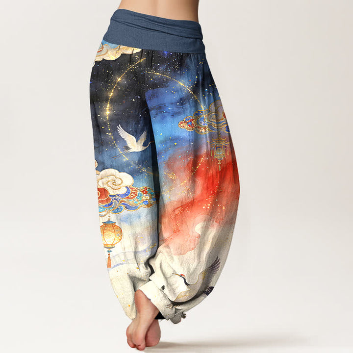 Buddha Stones Pure Cotton Crane Cloud Lantern Night Sky Pattern Women's Elastic Waist Harem Pants - image 1
