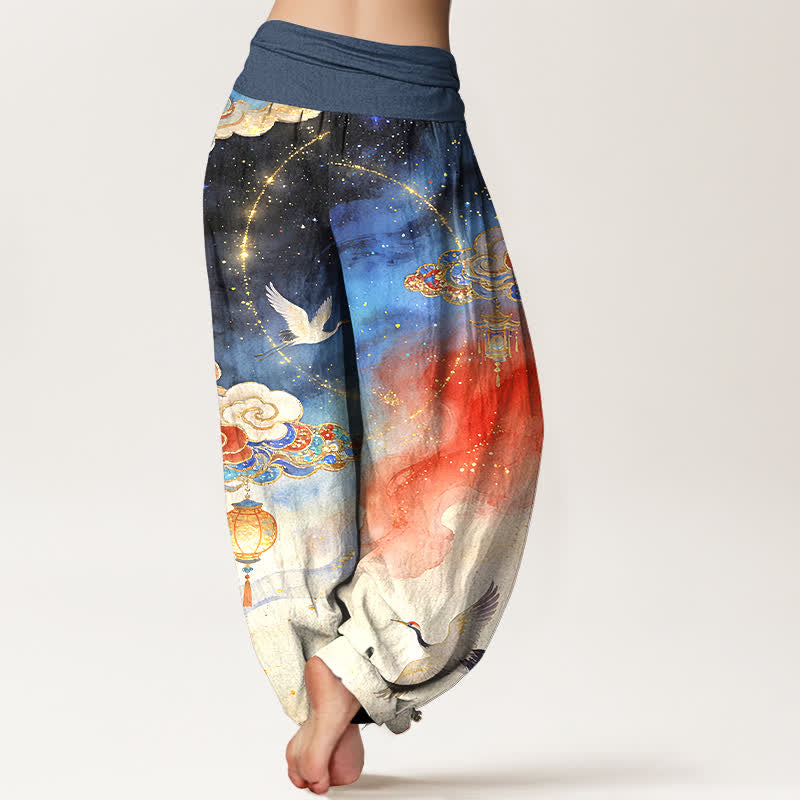 Buddha Stones Pure Cotton Crane Cloud Lantern Night Sky Pattern Women's Elastic Waist Harem Pants - image 1