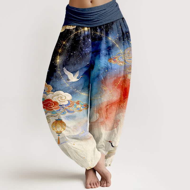 Buddha Stones Pure Cotton Crane Cloud Lantern Night Sky Pattern Women's Elastic Waist Harem Pants - Navy - US16，UK/AU20，EU48 (3XL) - image 0