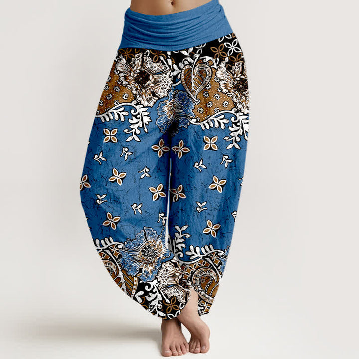 Buddha Stones Pure Cotton Bohemian Paisley Floral Pattern Women's Elastic Waist Harem Pants - CornflowerBlue - US16，UK/AU20，EU48 (3XL) - image 0
