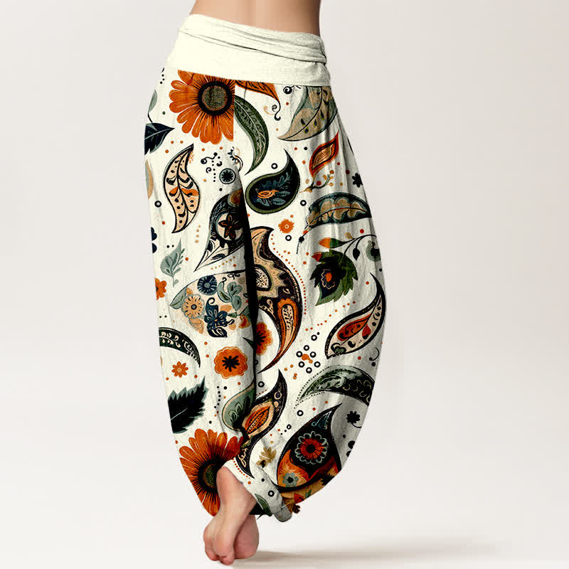 Buddha Stones Pure Cotton Bohemian Paisley Sunflower Pattern Women's Elastic Waist Harem Pants - image 1