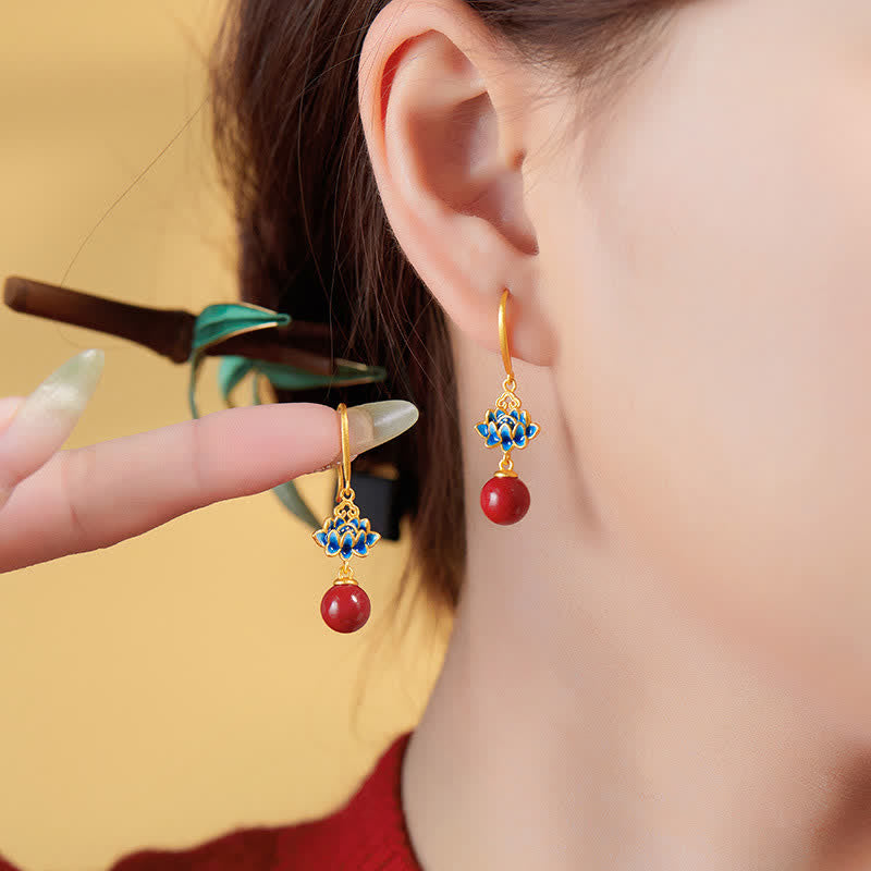 Buddha Stones Cinnabar 925 Sterling Silver Enamel Lotus Drop Earrings - image 9