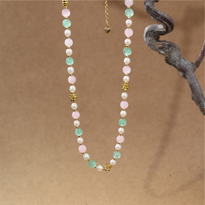Buddha Stones Natural Rose Quartz Green Strawberry Quartz Pearl Bead Peace Necklace - image 8