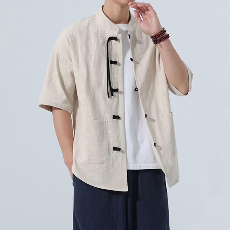 Buddha Stones Summer Casual Mandarin Collar Frog Button Solid Men's Short Sleeve Shirt With Pockets - image 5