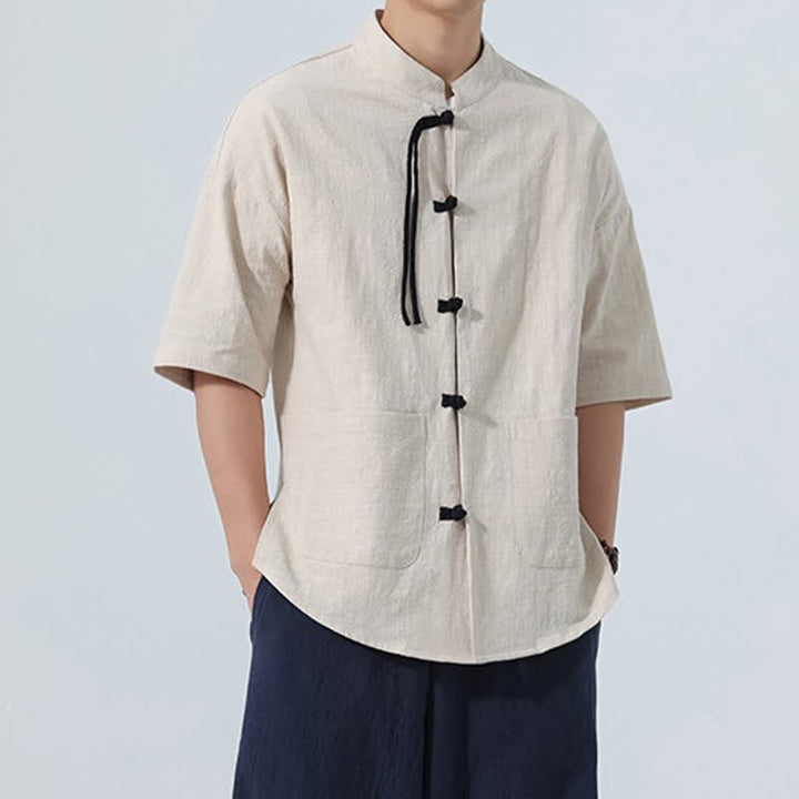Buddha Stones Summer Casual Mandarin Collar Frog Button Solid Men's Short Sleeve Shirt With Pockets - image 3