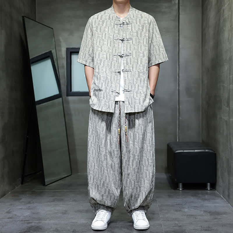 Buddha Stones 2Pcs Summer Mandarin Collar Frog Button Geometric Short Sleeve Shirt Harem Pants Men's Set With Pockets - image 11
