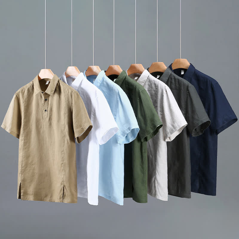Buddha Stones Summer Minimalist Button-Up Side Slit Solid Linen Men's Short Sleeve Shirt - image 13