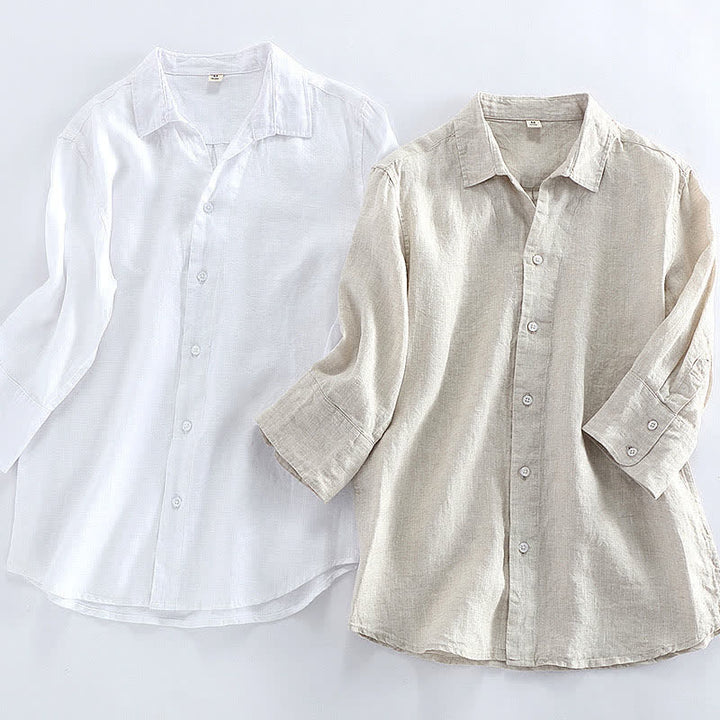 Buddha Stones Spring Minimalist Button-Up Solid Linen Men's Three-Quarter Sleeve Shirt - image 9