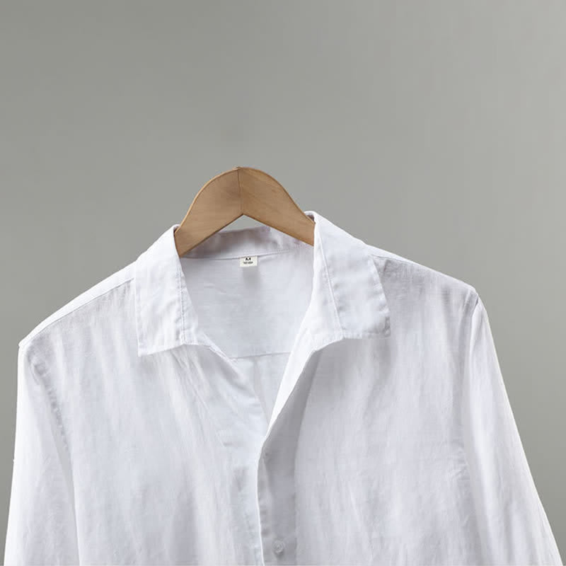 Buddha Stones Spring Minimalist Button-Up Solid Linen Men's Three-Quarter Sleeve Shirt - image 3