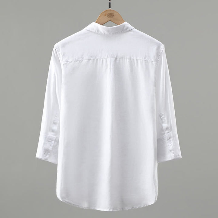 Buddha Stones Spring Minimalist Button-Up Solid Linen Men's Three-Quarter Sleeve Shirt - image 2