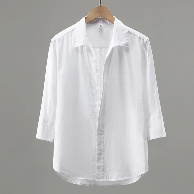 Buddha Stones Spring Minimalist Button-Up Solid Linen Men's Three-Quarter Sleeve Shirt - White - US/UK/AU42，EU52 (3XL) - image 1