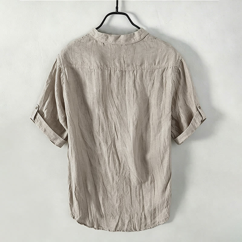Buddha Stones Summer Half Buttons Rolled Sleeves Design Cotton Linen Men's Short Sleeve Shirt - image 8