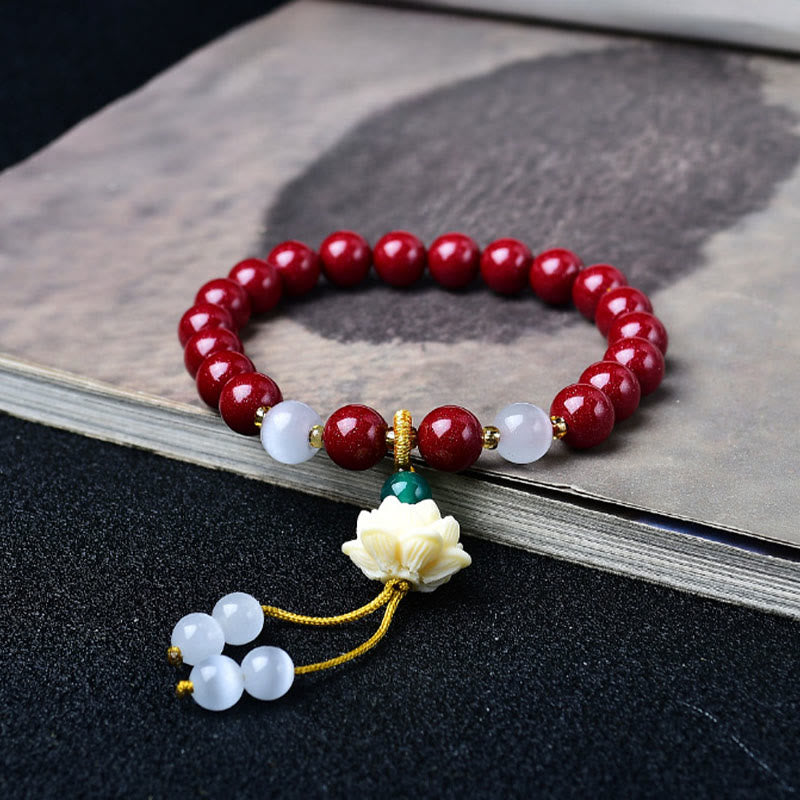 Buddha Stones Natural Cinnabar Cat's Eye Ivory Fruit Lotus Charm Blessing Bracelet - 8mm Cinnabar(Wrist Circumference:15–16 cm) - image 0