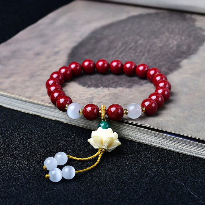 Buddha Stones Natural Cinnabar Cat's Eye Ivory Fruit Lotus Charm Blessing Bracelet - 8mm Cinnabar(Wrist Circumference:15–16 cm) - image 0
