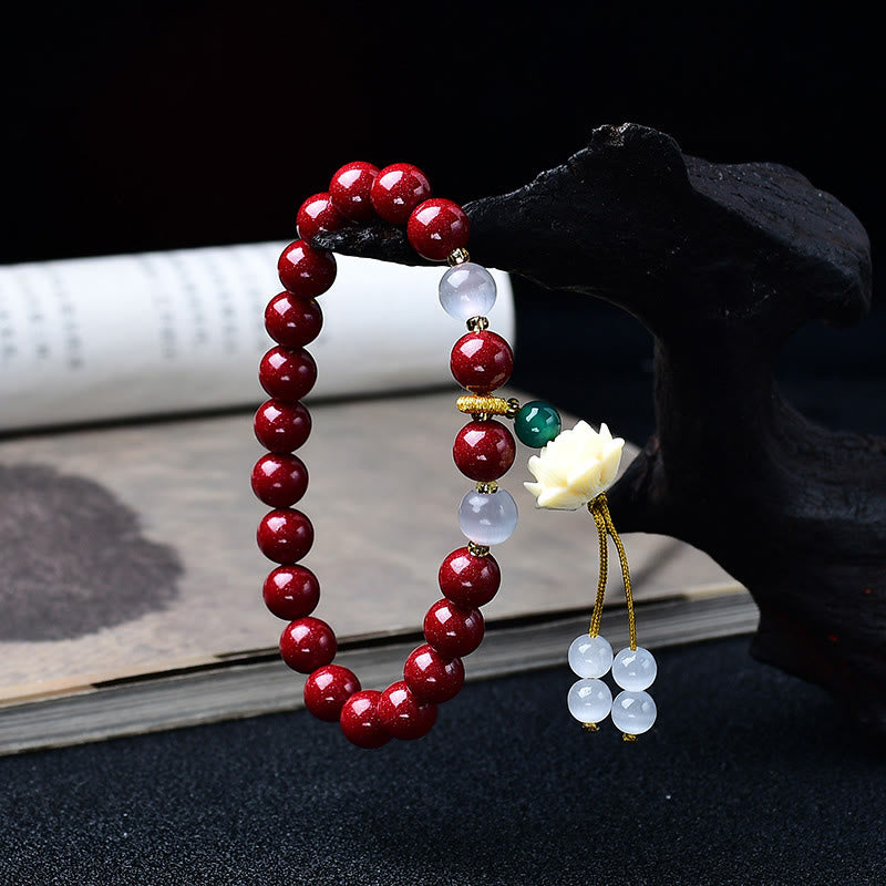 Buddha Stones Natural Cinnabar Cat's Eye Ivory Fruit Lotus Charm Blessing Bracelet - image 1
