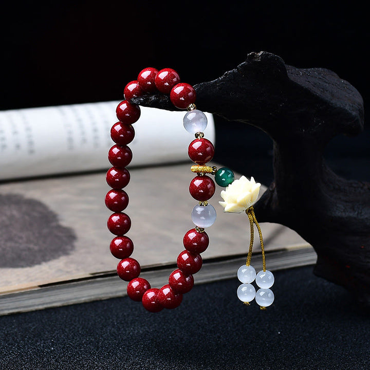 Buddha Stones Natural Cinnabar Cat's Eye Ivory Fruit Lotus Charm Blessing Bracelet - image 1