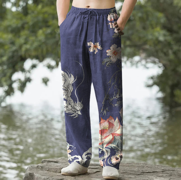 Buddha Stones Cotton Oriental Dragon Lotus Pattern Men's Tapered Pants With Pockets - Navy - US/UK/AU50，EU60 (5XL) - image 4