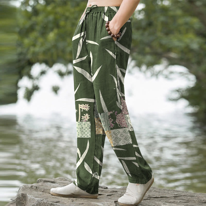 Buddha Stones Cotton Bamboo Leaf Patchwork Pattern Men's Tapered Pants With Pockets - image 1