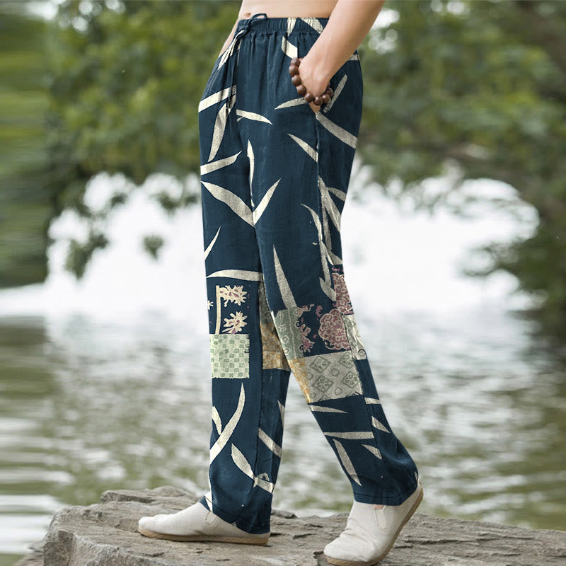 Buddha Stones Cotton Bamboo Leaf Patchwork Pattern Men's Tapered Pants With Pockets - image 5