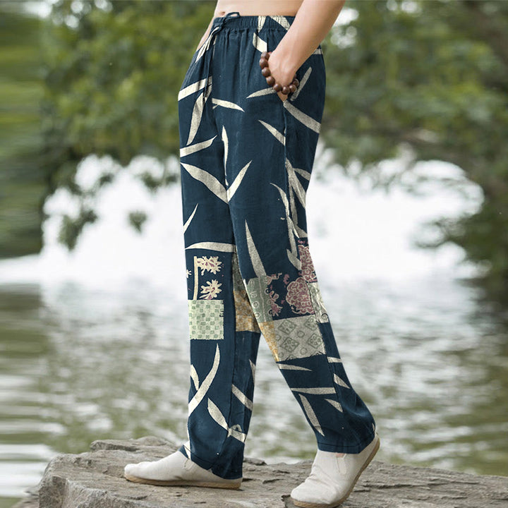 Buddha Stones Cotton Bamboo Leaf Patchwork Pattern Men's Tapered Pants With Pockets - image 5