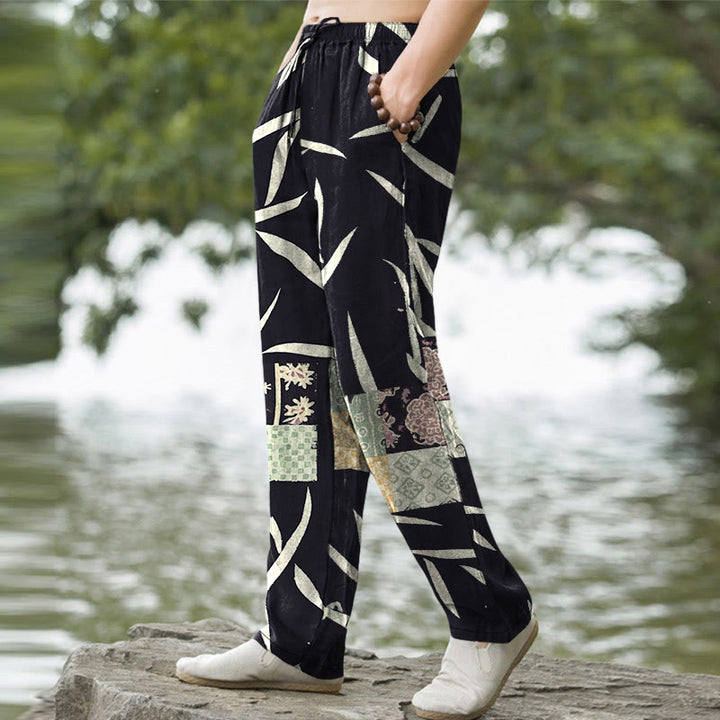 Buddha Stones Cotton Bamboo Leaf Patchwork Pattern Men's Tapered Pants With Pockets - image 7