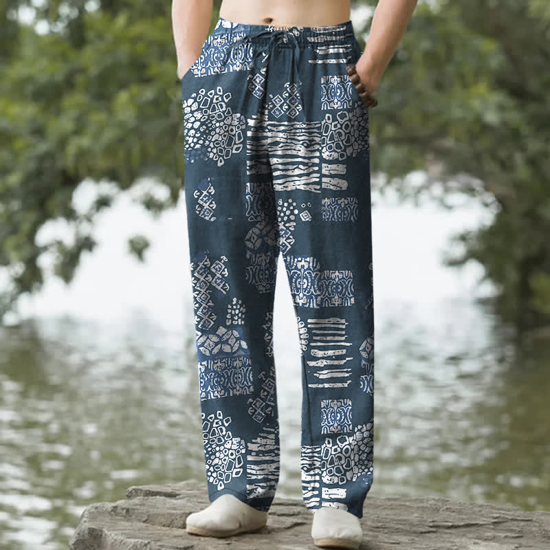 Buddha Stones Cotton Geometric Patchwork Pattern Men's Tapered Pants With Pockets - SteelBlue - US/UK/AU50，EU60 (5XL) - image 4