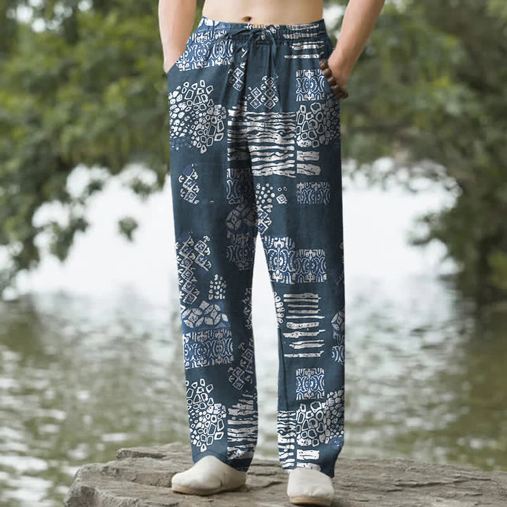Buddha Stones Cotton Geometric Patchwork Pattern Men's Tapered Pants With Pockets - SteelBlue - US/UK/AU50，EU60 (5XL) - image 4