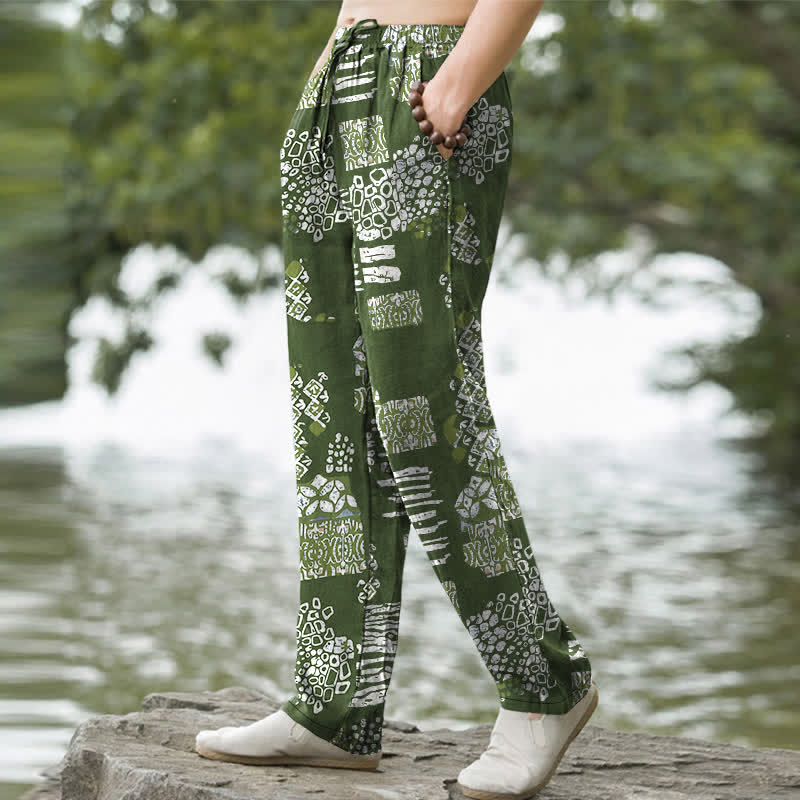 Buddha Stones Cotton Geometric Patchwork Pattern Men's Tapered Pants With Pockets - image 7