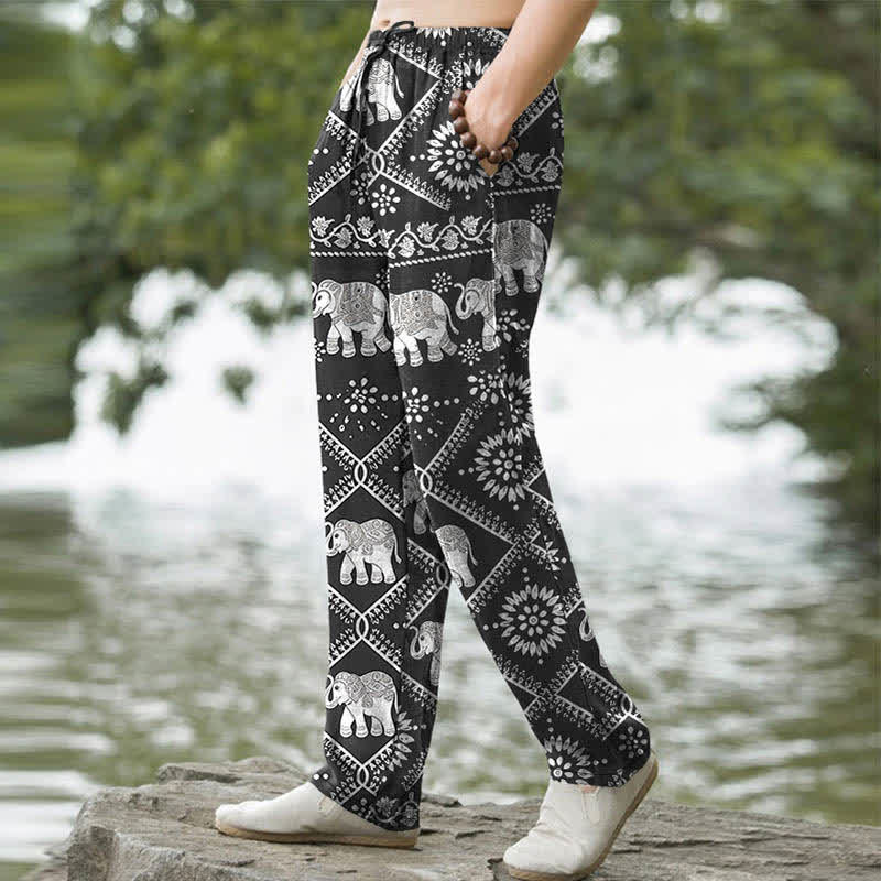 Buddha Stones Cotton Elephant Mandala Pattern Men's Tapered Pants With Pockets - image 1
