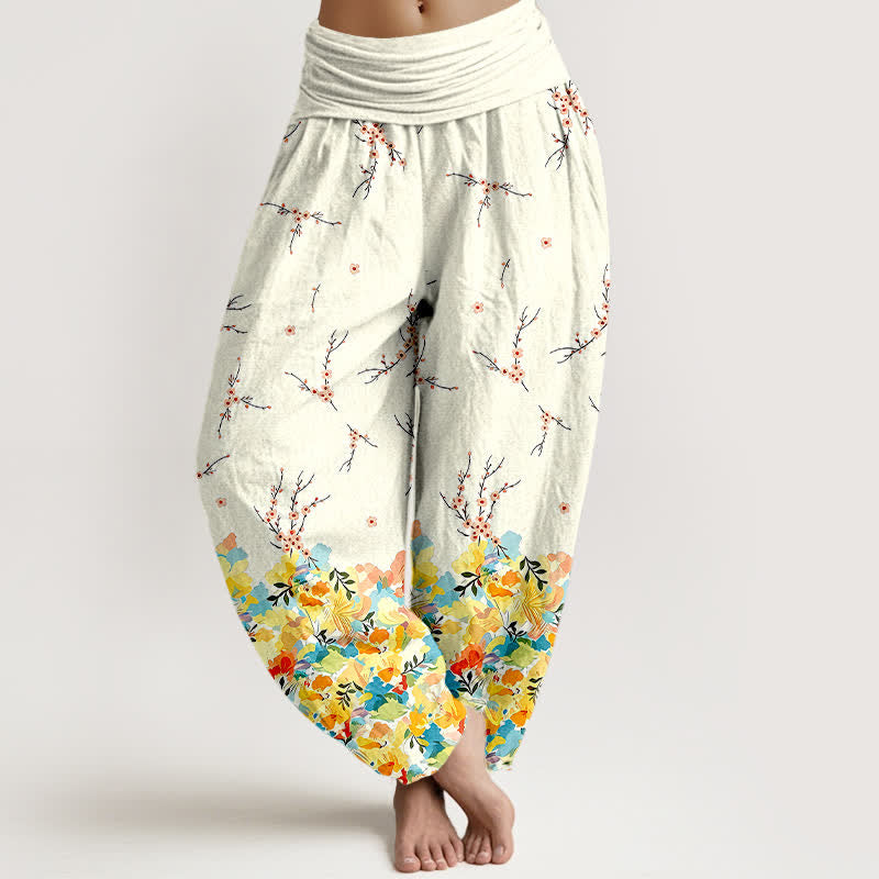 Buddha Stones Cotton Boho Ditsy Branch Floral Pattern Women's Elastic Waist Harem Pants - Yellow - US16，UK/AU20，EU48 (3XL) - image 0