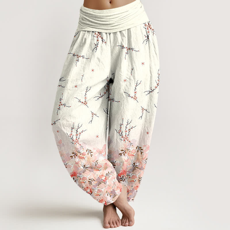 Buddha Stones Cotton Boho Ditsy Branch Floral Pattern Women's Elastic Waist Harem Pants - Pink - US16，UK/AU20，EU48 (3XL) - image 3